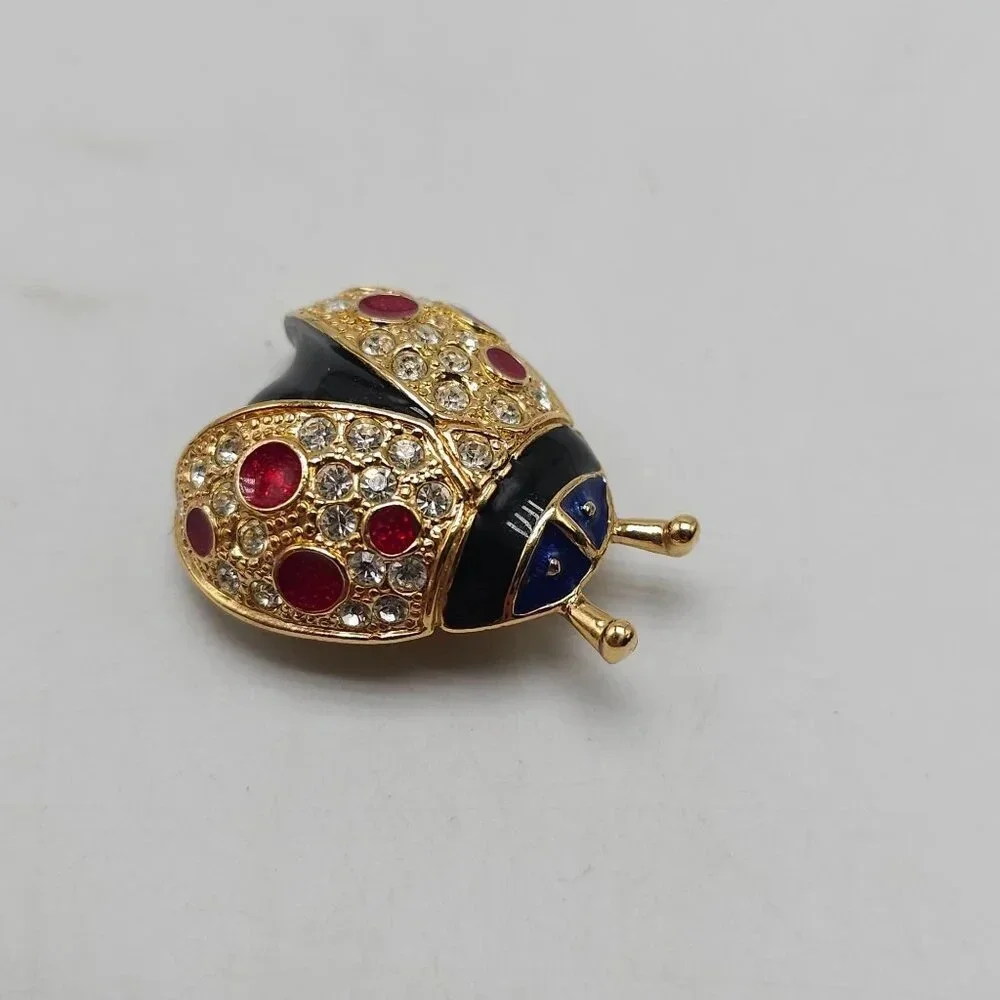 Vintage ROMAN Ladybug Pin Brooch With Red & Clear Rhinestones Gold-Tone Finish